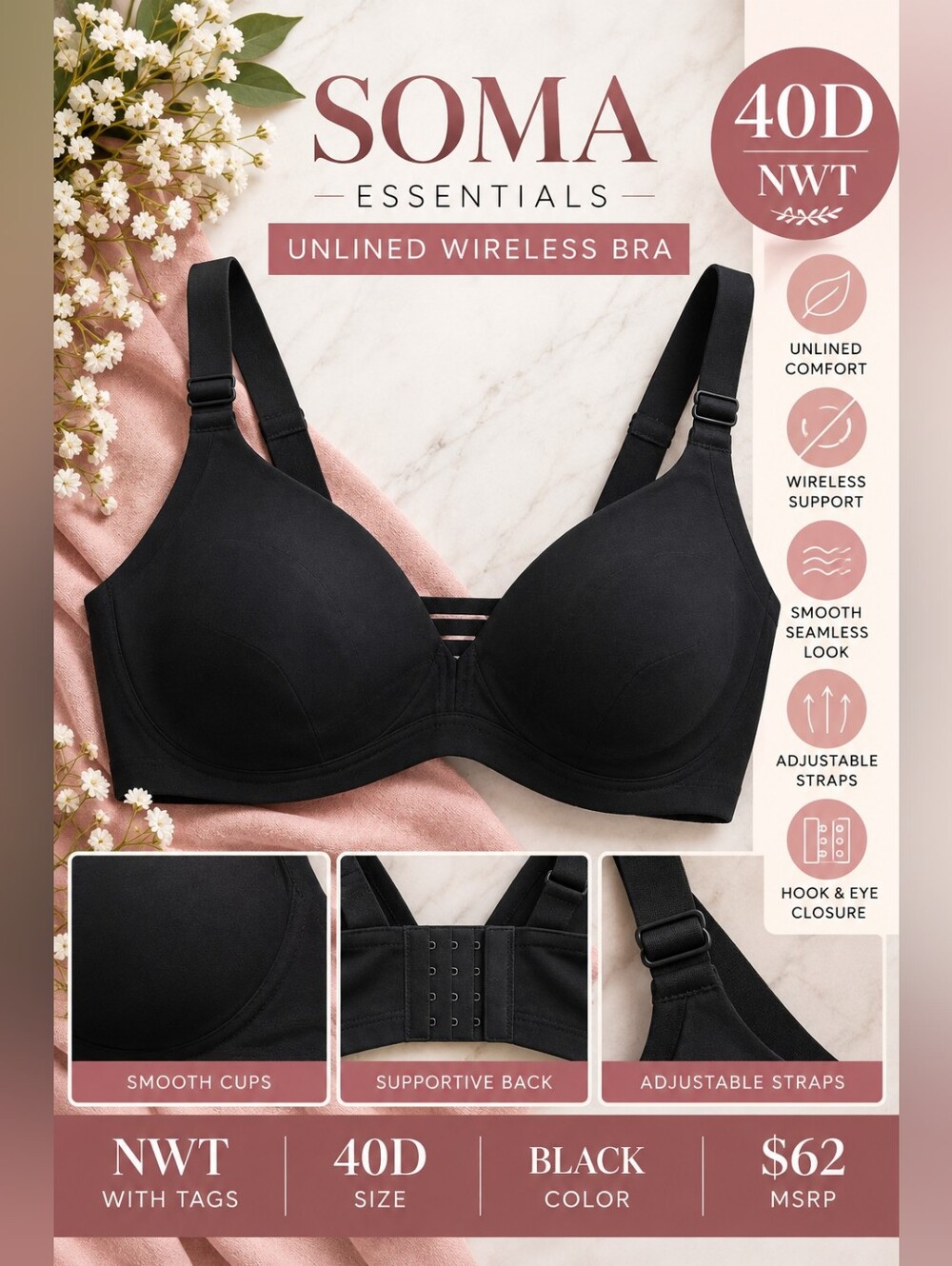 NWT Soma Essentials Unlined Wireless Bra 40D Black MSRP $62